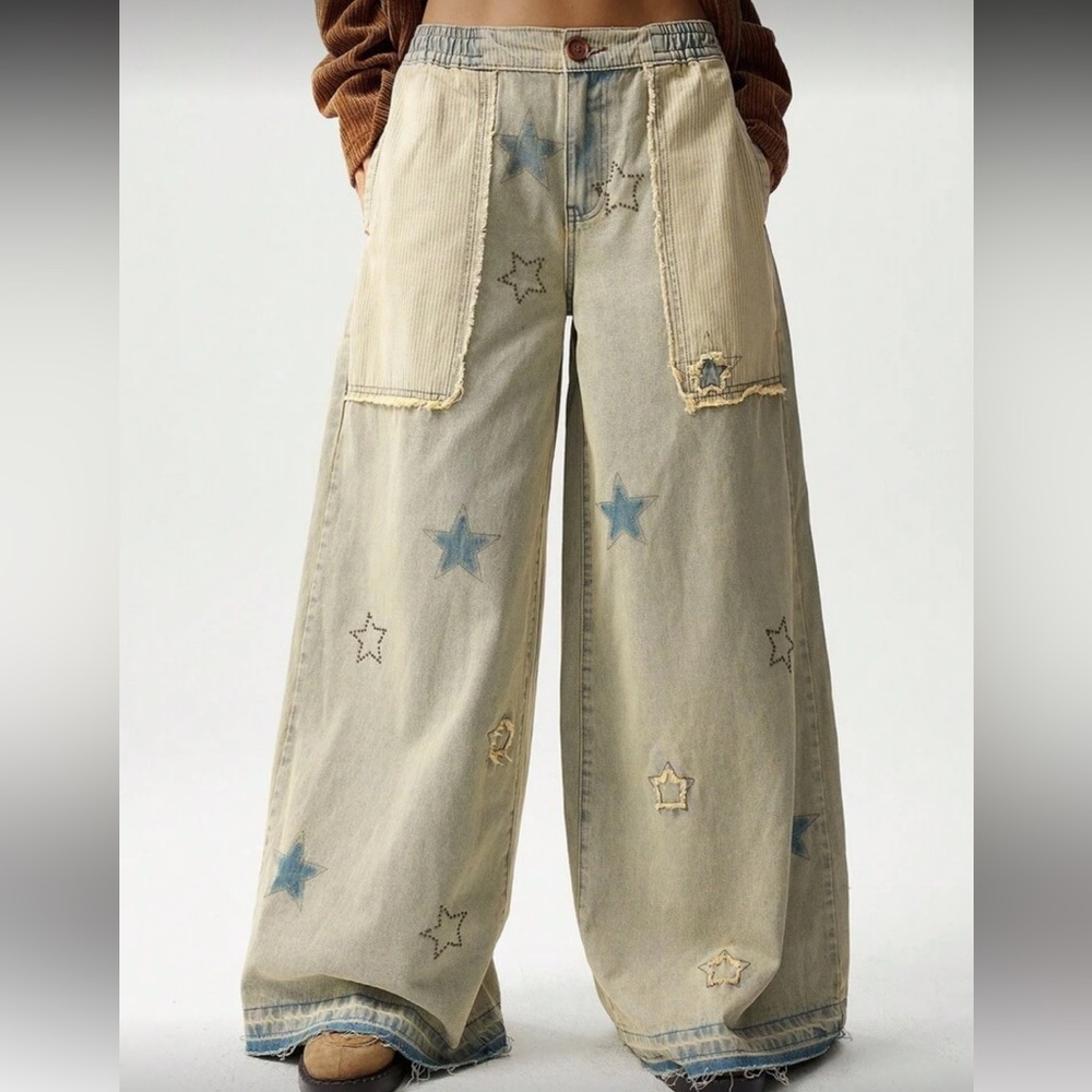 Star patchwork distressed Pattern Wide-Leg Jeans mini stud blue - Picture 3 of 7